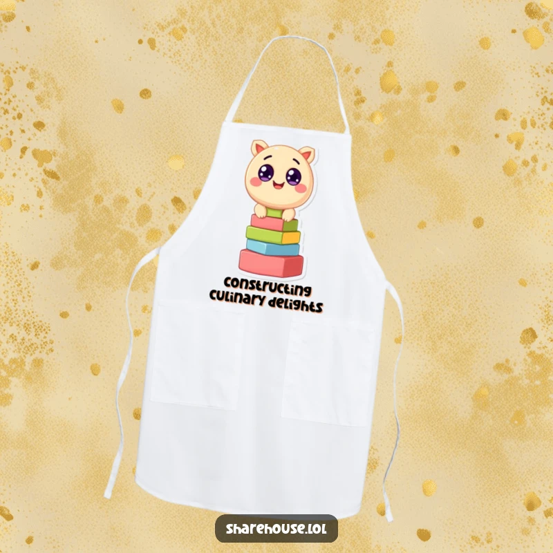 Funny apron featuring a cheerful, round creature with wide eyes, stacking colorful blocks, adding a playful touch to cooking tasks.