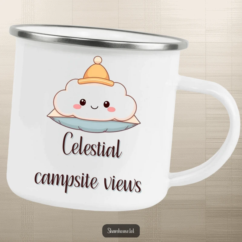 Funny camping mug with a smiling fluffy cloud wearing a tiny hat, floating peacefully, ready for outdoor fun.