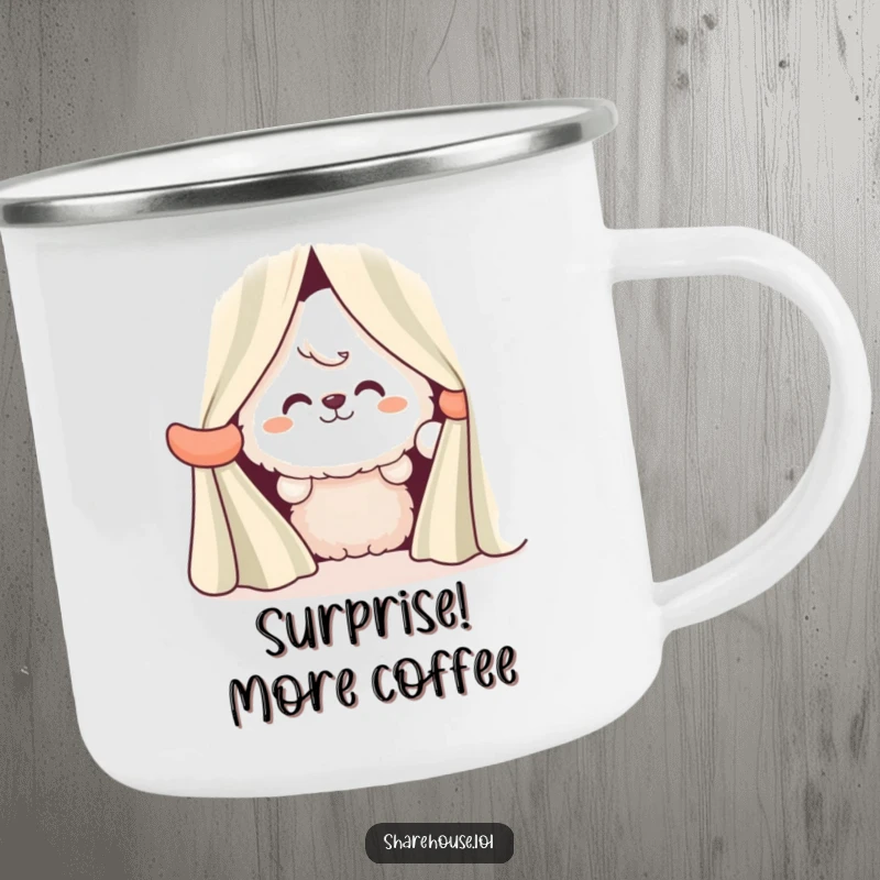 Funny camping mug featuring a fluffy character peeking out from striped curtains with a wide, mischievous grin.