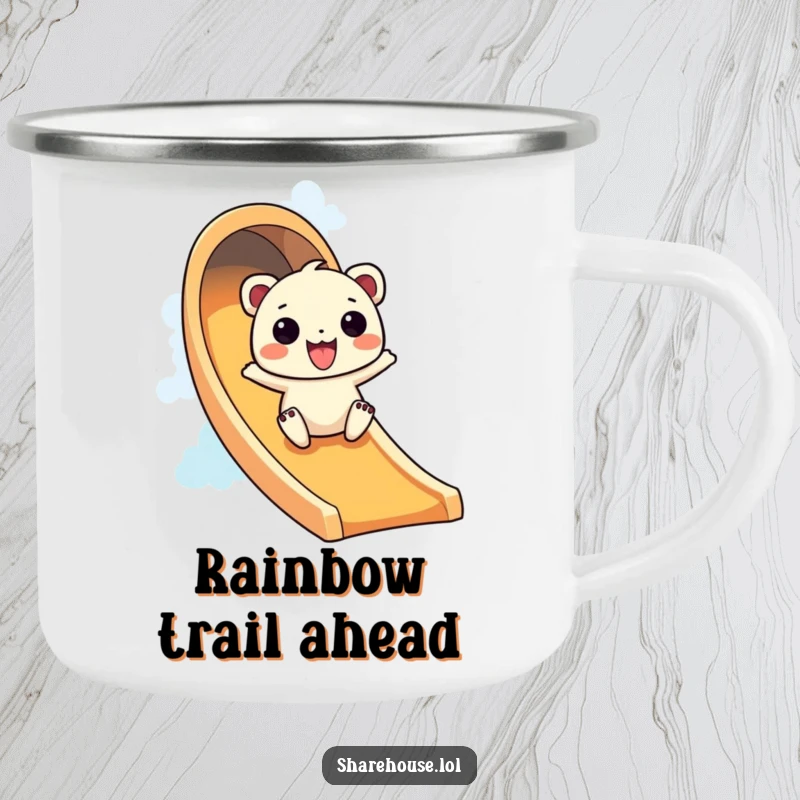 Funny camping mug with a wiggly creature excitingly sliding down a vibrant rainbow slide, perfect for outdoor enjoyment.