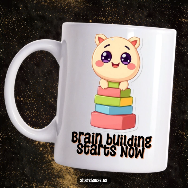 Funny mug featuring a cheerful, round creature with wide eyes, happily stacking colorful building blocks, embodying playful concentration.