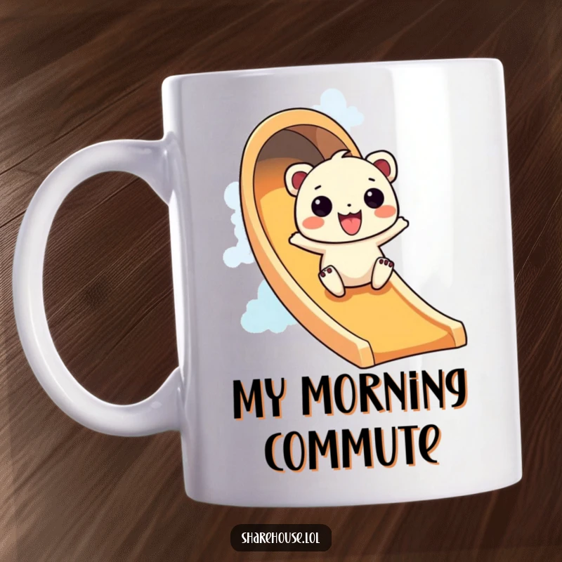 Funny mug showing a wiggly creature gleefully sliding down a vibrant rainbow slide with pure excitement.