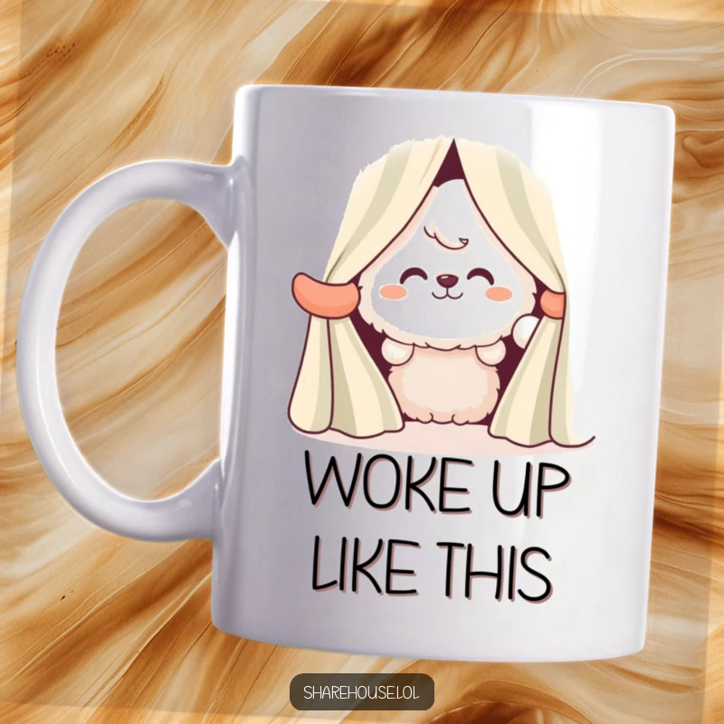 Funny mug with a fluffy character peeking from behind striped curtains, sporting a wide, playful grin, full of mischief.