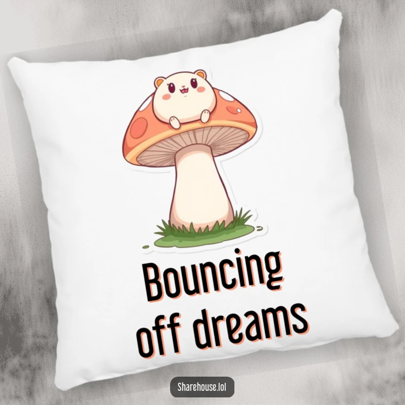 Funny pillow of a small, round creature happily bouncing on a large mushroom, designed for comfort and whimsical delight.