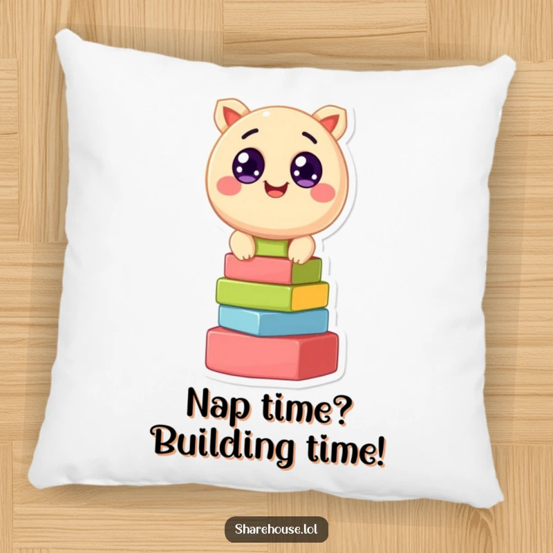 Funny pillow showing a beaming, round creature with wide, excited eyes, busy stacking colorful blocks, ideal for comfy relaxation.