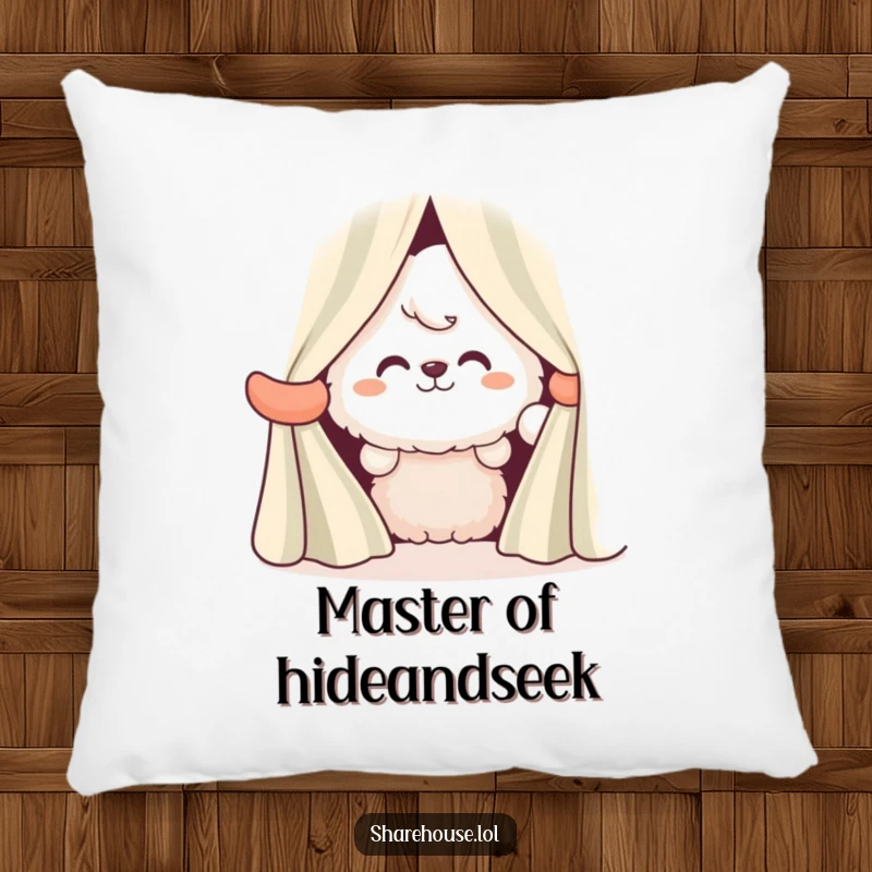 Funny pillow featuring a soft fluffy character peeking with a broad grin from behind striped curtains, for cozy comfort.