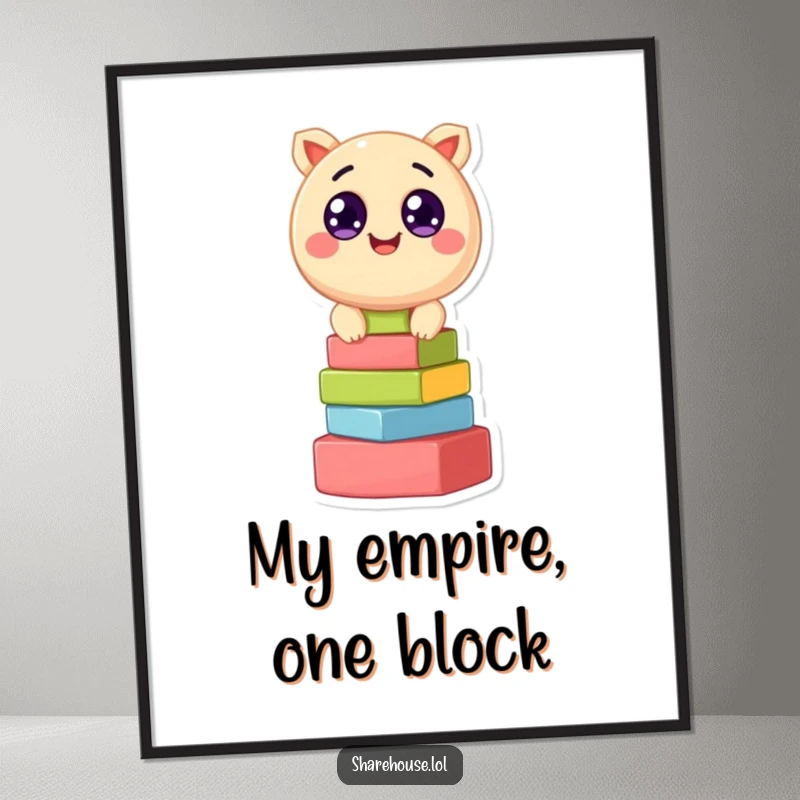 Funny digital art print of a round, happy creature with wide eyes, stacking colorful blocks, perfect for instant cheerful decor.