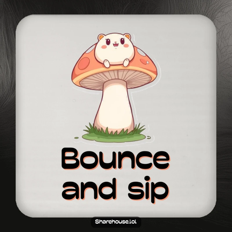 Funny coaster showing a small, round creature happily bouncing on a large mushroom, protecting surfaces with charm.