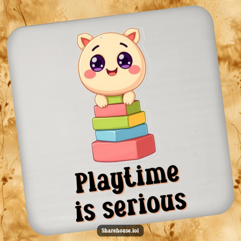 Funny drink coaster featuring a round, cheerful creature with wide eyes, stacking colorful blocks, for table protection.