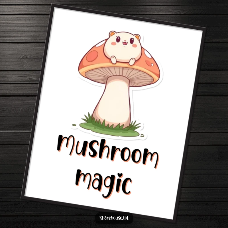 Funny poster print of a small, round creature happily bouncing on a large mushroom, creating a vibrant and joyful scene.