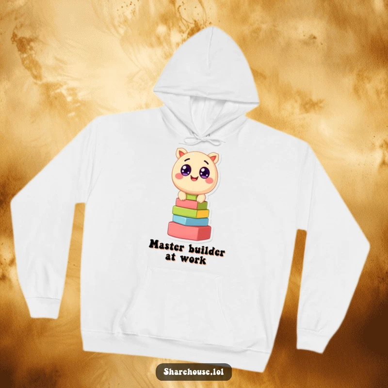 Funny hoodie with a round, happy creature wide-eyed while stacking bright, colorful blocks, for ultimate cozy fun.