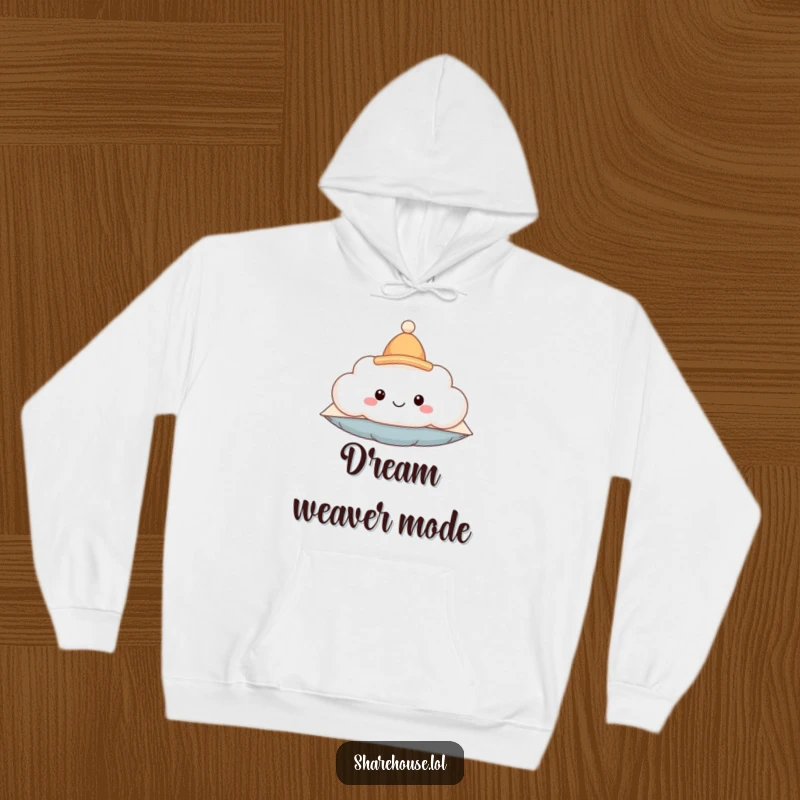 Funny hoodie print of a smiling fluffy cloud wearing a tiny hat, floating peacefully, creating a cozy and humorous atmosphere.