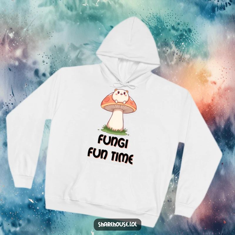Funny hoodie print of a small, round creature happily bouncing on a large mushroom, creating a cheerful and energetic scene.
