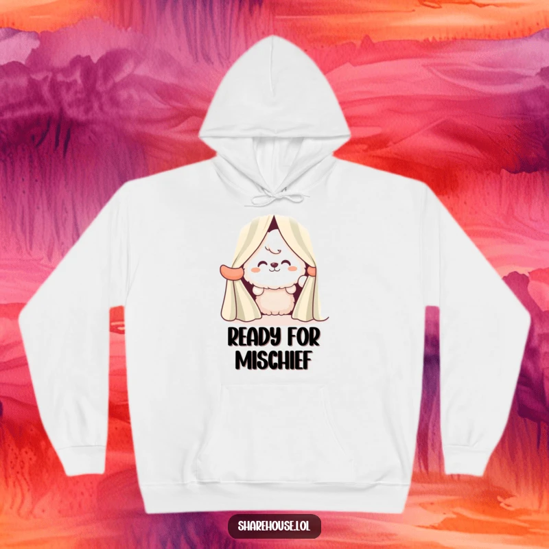 Funny hoodie with a soft, fluffy character peeking from behind striped curtains, sharing a wide, happy grin.