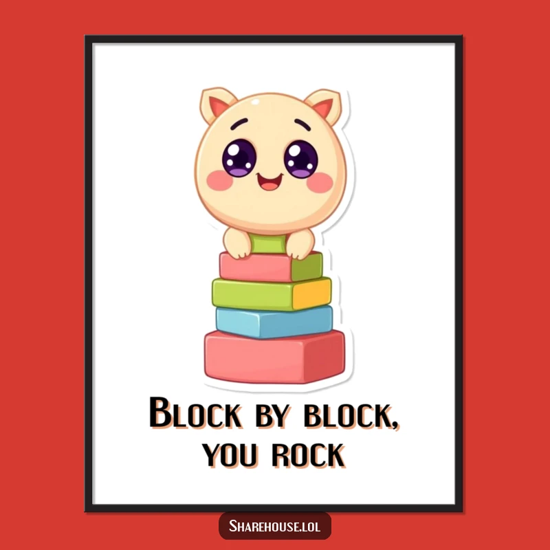 Free Printable Wall Art: Cheerful Block-Stacking Creature, Funny Downloadable Art for Playful Decor