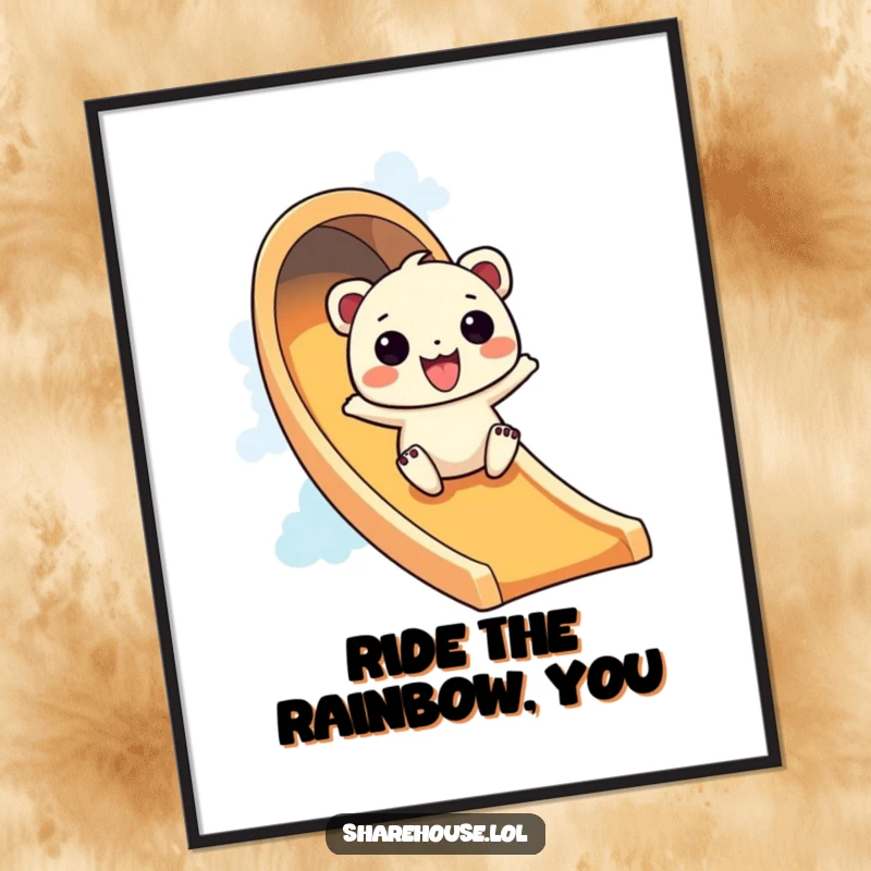 Funny Free Printable Wall Art: A wiggly creature excitedly slides down a vivid rainbow, creating an energetic and joyful piece of art.