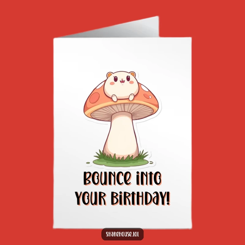 Free Printable Birthday Card: Bouncing Creature on Mushroom Fun
