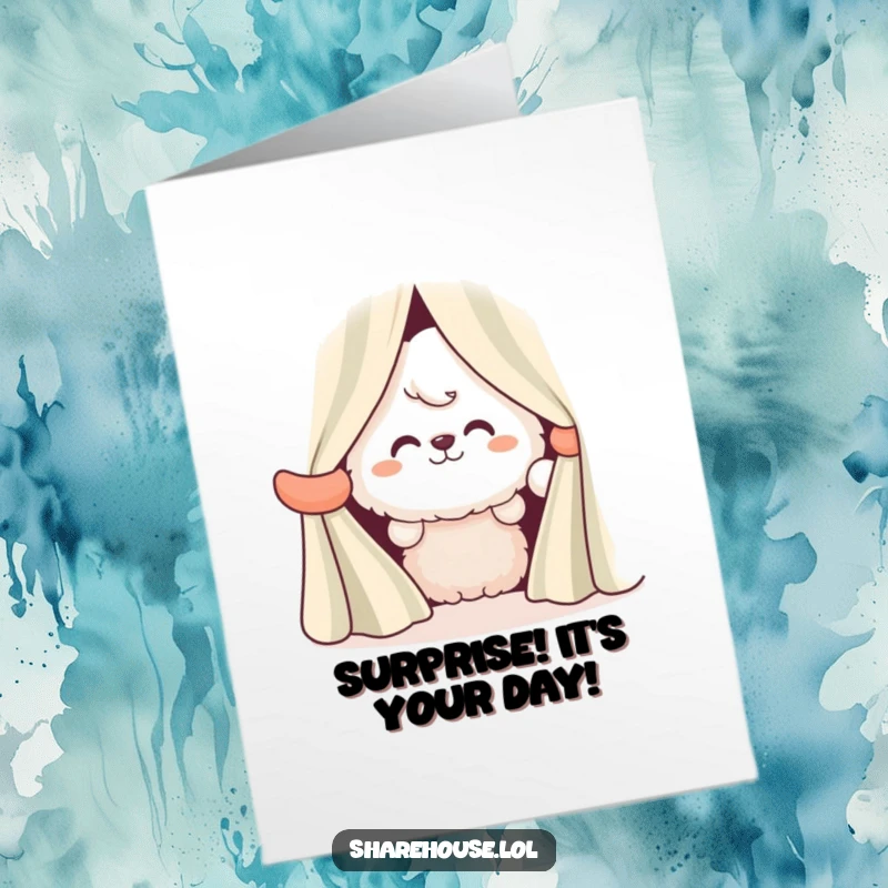 Funny Free Printable Birthday Card: A fluffy character with a mischievous grin peeks from behind striped curtains, ready to wish Happy Birthday.