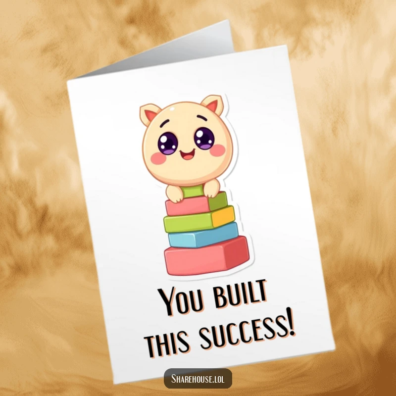 Funny Free Printable Congratulations Card: A round creature with excited eyes stacks colorful blocks, symbolizing accomplishment and fun.