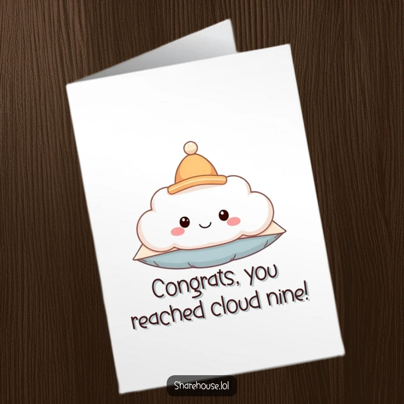 Funny free printable congratulations card: smiling fluffy cloud pillow in a tiny hat, celebrating achievements.