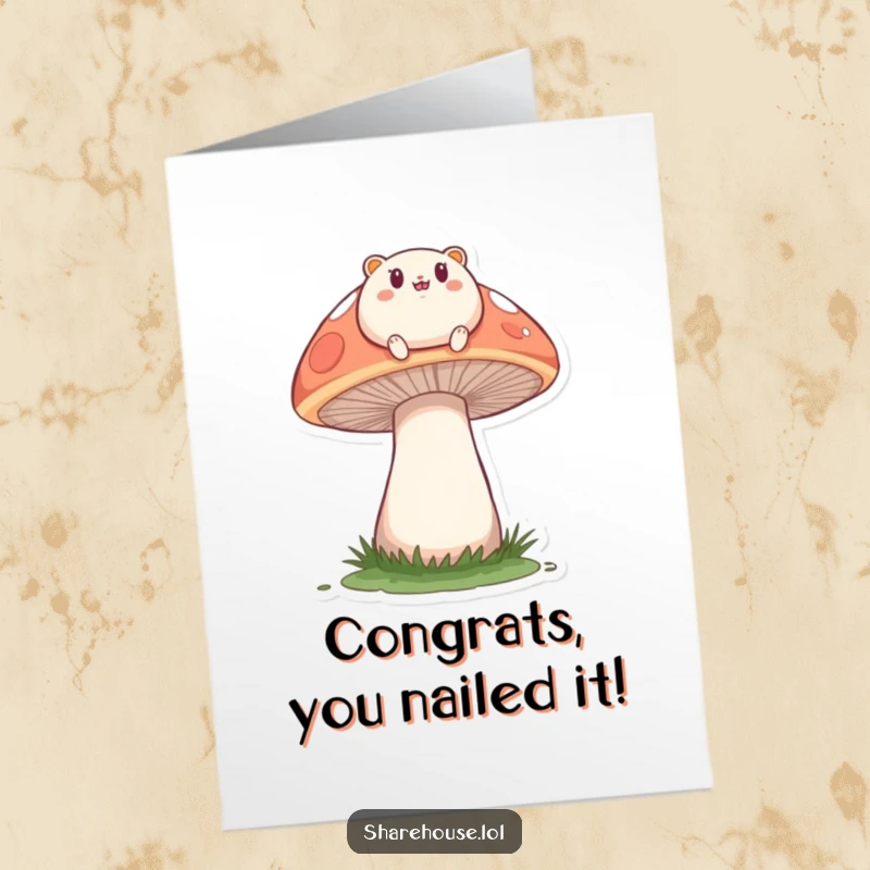 Funny free printable congratulations card: small round creature happily bouncing on a large mushroom, celebrating success.