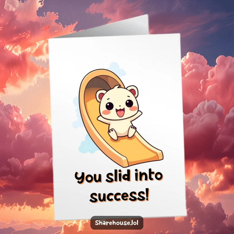 Funny Free Printable Congratulations Card: A wiggly creature joyfully slides down a brightly colored rainbow, symbolizing a triumphant journey.