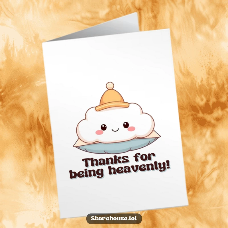 Funny free printable thank you card: a smiling fluffy cloud pillow wearing a tiny hat, expressing thanks.