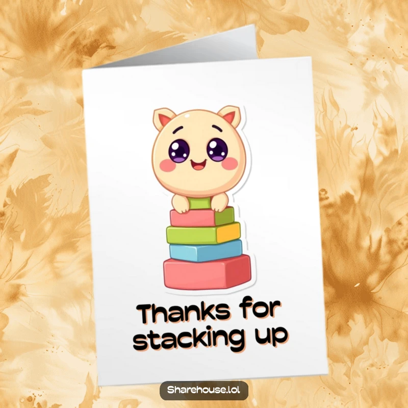 Funny Free Printable Thank You Card: A cheerful round creature happily stacks colorful blocks, expressing heartfelt thanks with a smile.