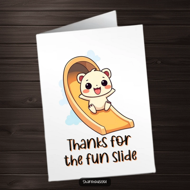 Funny Free Printable Thank You Card: A wiggly creature slides down a rainbow with excitement, offering a cheerful and grateful thank you.