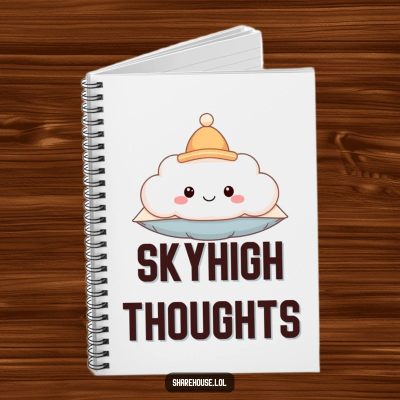 Funny notebook cover with a smiling fluffy cloud wearing a tiny hat, floating happily, inspiring creativity and whimsy.