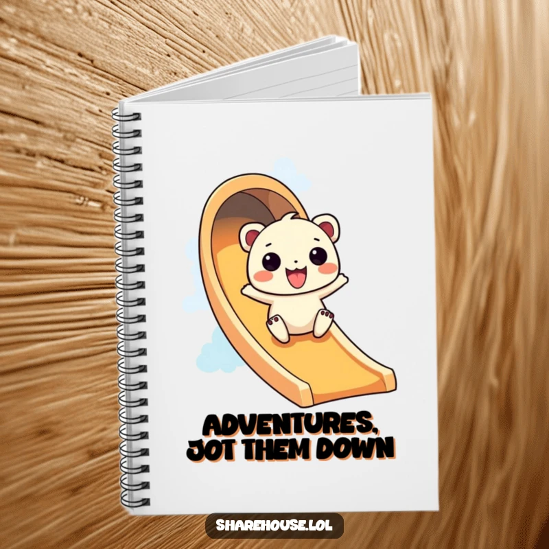 Funny notebook with a wiggly creature gleefully sliding down a rainbow slide, inspiring exciting note-taking.