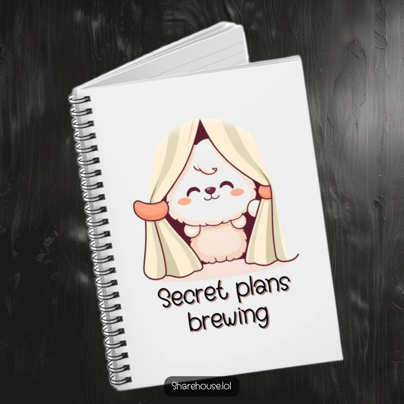 Funny notebook with a fluffy character peeking slyly from behind striped curtains, grinning playfully, ready for notes.