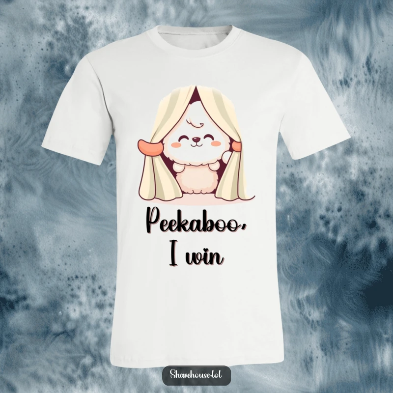 Funny t-shirt featuring a fluffy character peeking slyly from behind striped curtains, with a wide, mischievous grin.