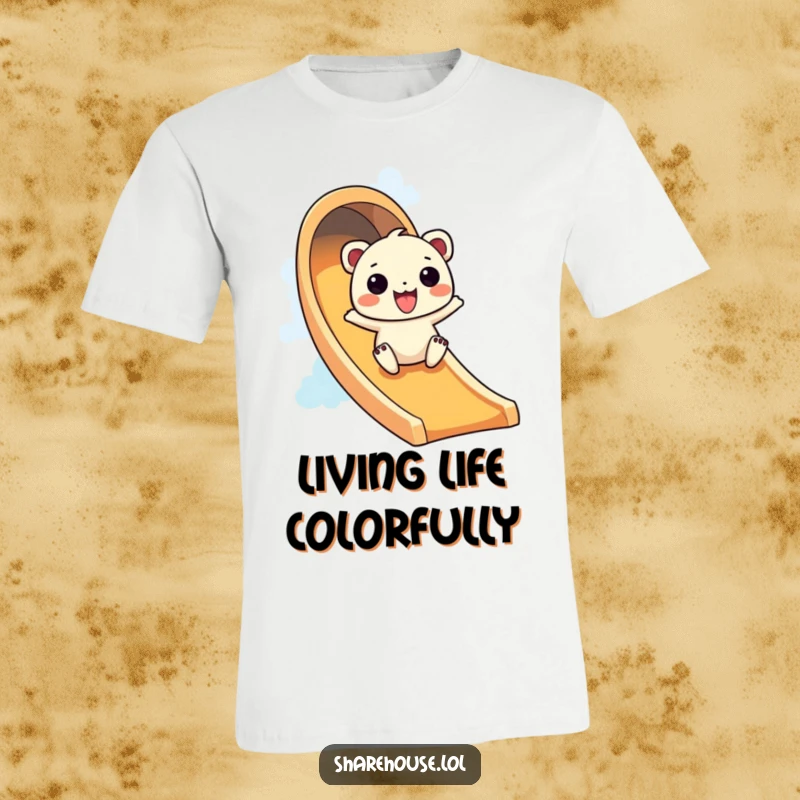 Funny t-shirt featuring a wiggly creature sliding down a colorful rainbow slide with pure, unadulterated excitement.