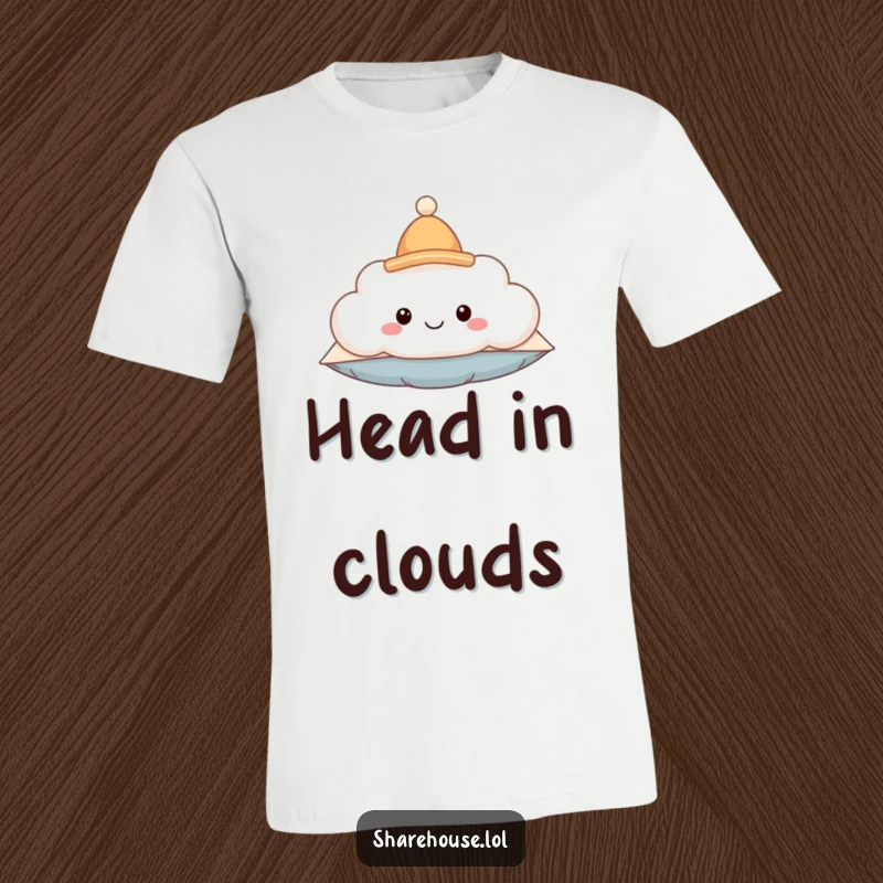 Funny T-shirt featuring a smiling fluffy cloud character wearing a tiny hat, floating happily, bringing a sense of playful joy.