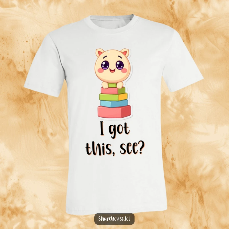 Funny t-shirt showcasing a round, cheerful creature with wide, amazed eyes, diligently stacking colorful blocks, emphasizing joyful play.