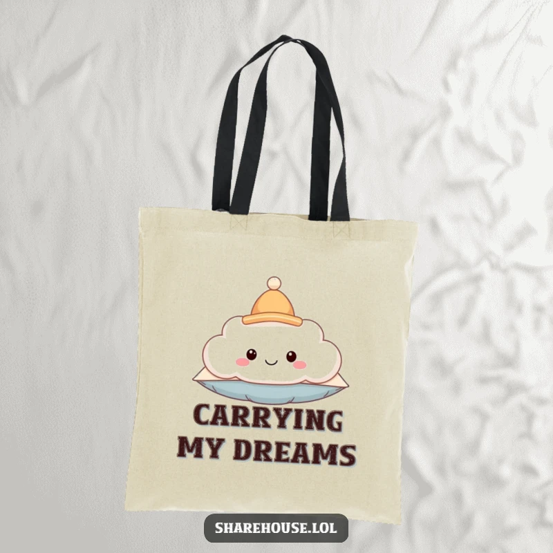 Funny tote bag with a smiling fluffy cloud character wearing a tiny hat, floating joyfully, perfect for carrying everyday items.