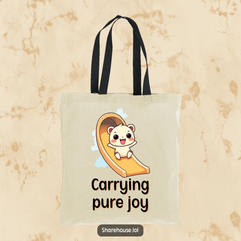 Funny tote bag with a wiggly creature joyfully sliding down a vibrant rainbow slide, ready for adventure.