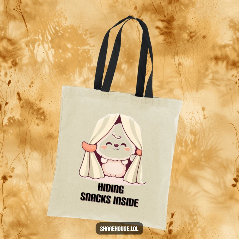 Funny tote bag with a fluffy character peeking out from striped curtains, sporting a wide, inviting grin.