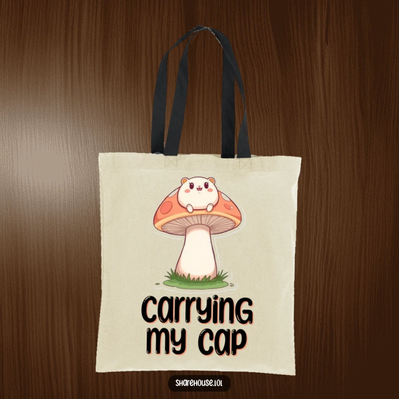 Funny tote bag with a small, round creature happily bouncing on a large mushroom, perfect for carrying nature's treasures.